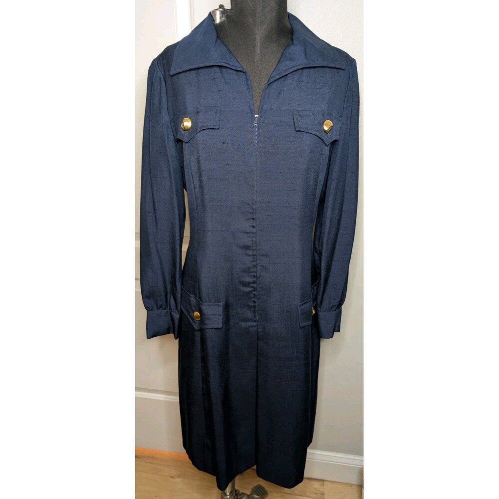 Vintage 60s Navy Blue Collared Dress W/ Gold Buttons Hays-Black Label Size S/M